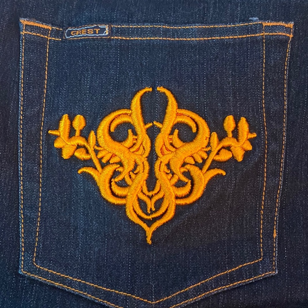 ⁉️INTRESTED?⁉️ Crest Jeans Navy Blue with Yellow accents.